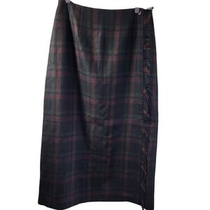 Harve Benard Sport Vintage Wool Plaid Wrap Skirt Fringe Midi Burgundy Green 14